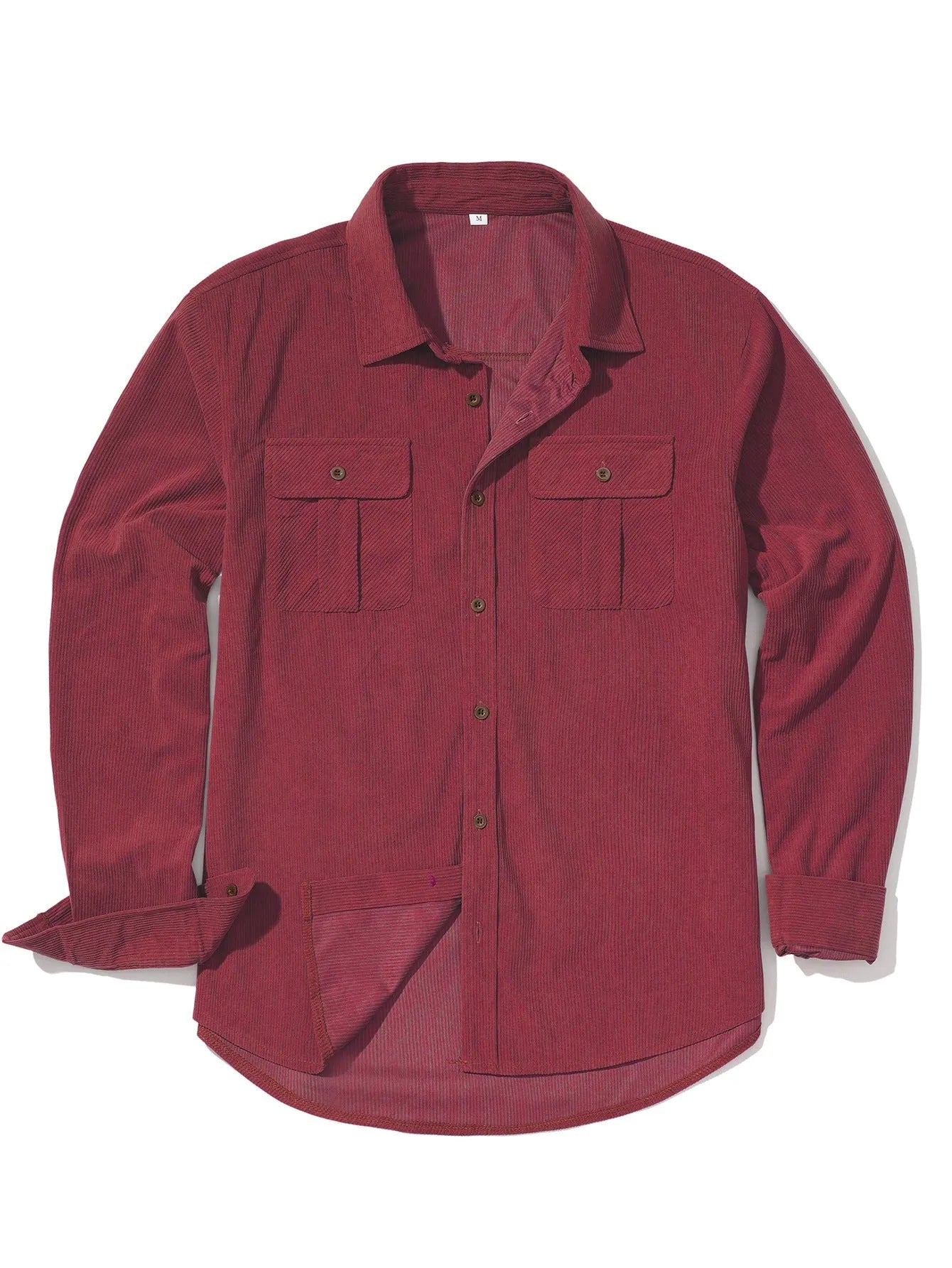Man wearing a loose-fit Army Green corduroy shirt in Japanese retro style with long sleeves.