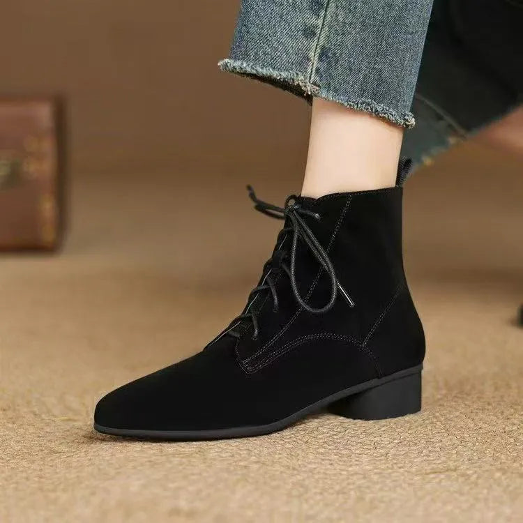 Women's matte pointed low-heel ankle boots in brown with thin fleece lining and block heel