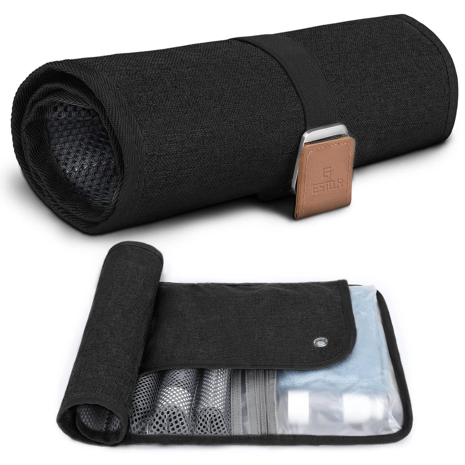 Men's black and light brown PU leather travel wash buggy bag for toiletries organisation