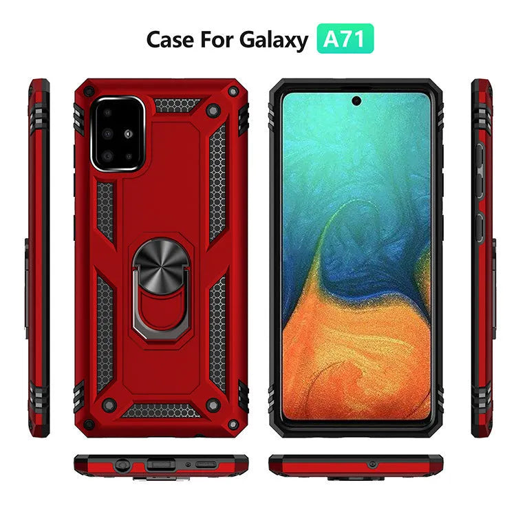 Drop-resistant bracket magnetic phone case for Samsung A03S in black, showing TPU PC metal back cover with built-in bracket