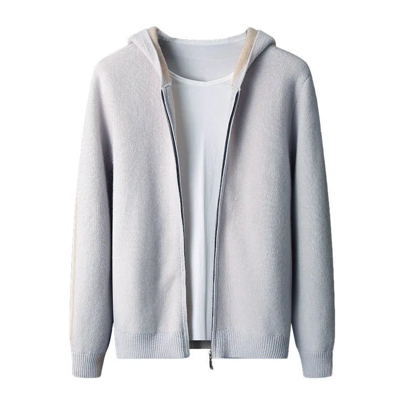 Dark blue men's loose-fit cashmere zip cardigan with a half-high collar, shown on a model.