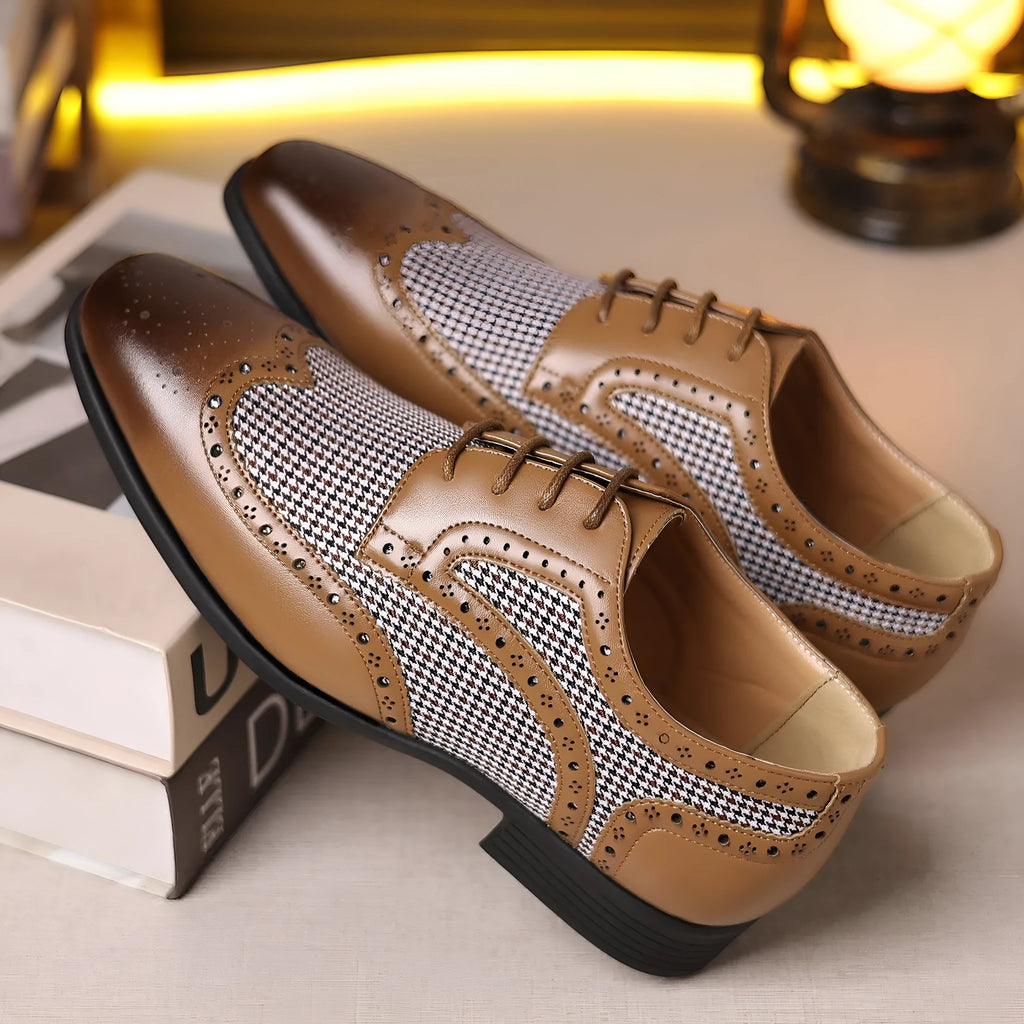 Men's black imitation houndstooth pattern casual shoes with lace-up front and rubber sole.