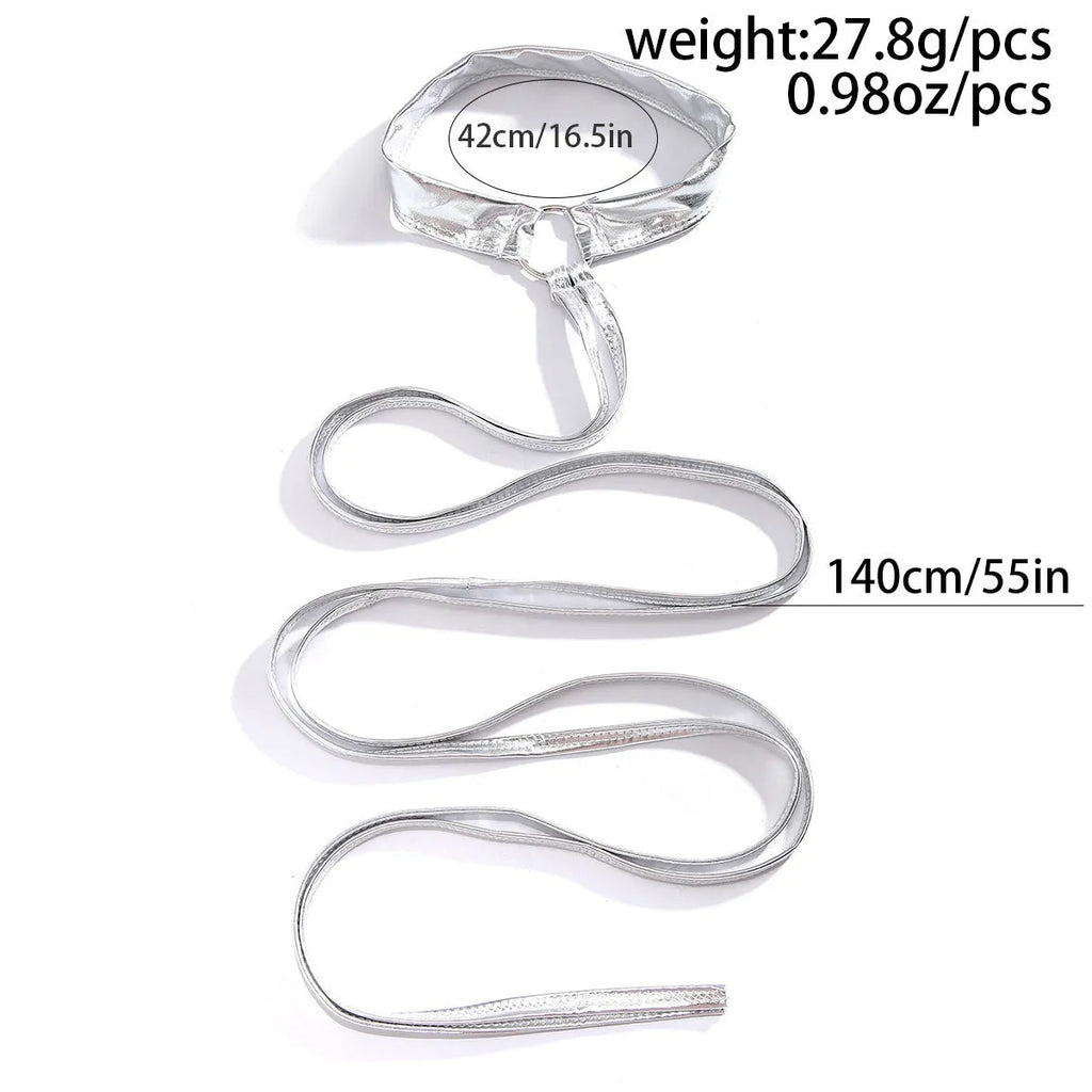 Women's silver alloy thigh chain with lace-up design and geometric cross-strap pattern