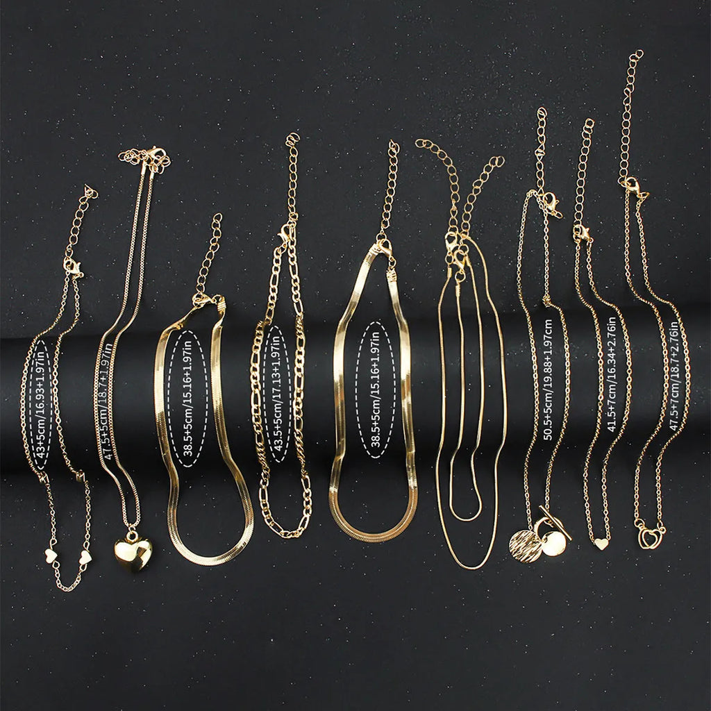Gold electroplated women's necklace set with 10 pieces and adjustable snake bones chain