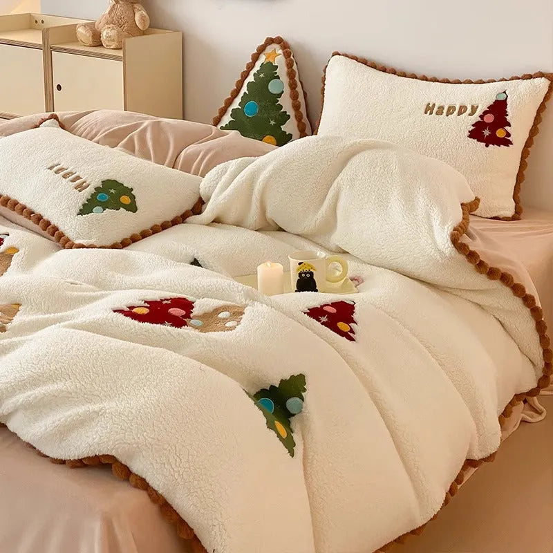 Bright yellow fleece-lined four-piece bedding set with embroidered Christmas cartoon pattern.