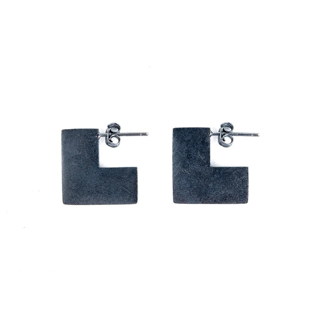 Sterling silver geometric square earrings with oxidation black finish, 16mm minimalist design