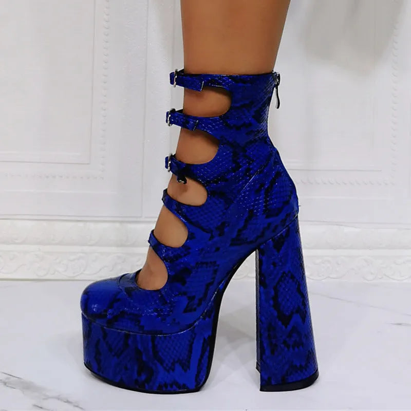 Women's black waterproof platform high heels with a thick heel, serpentine belt buckle, and patent leather upper.