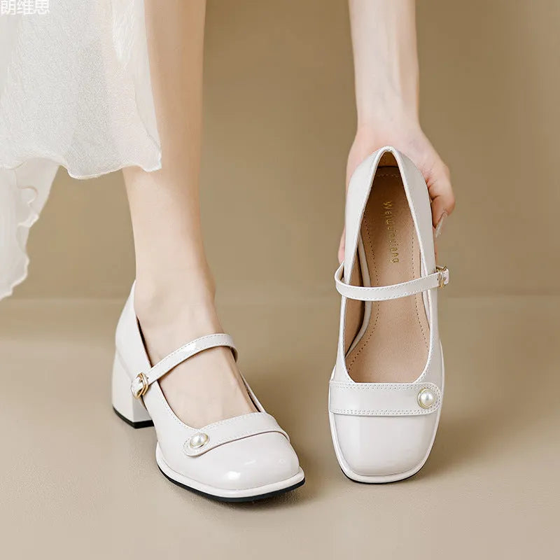 French style chunky heel hiking pumps with patent leather upper and buckle fastening in three colour options