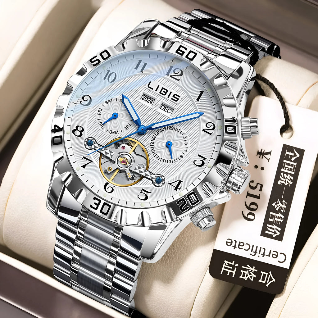 Men's silver automatic perpetual calendar watch with stainless steel strap on a wrist.