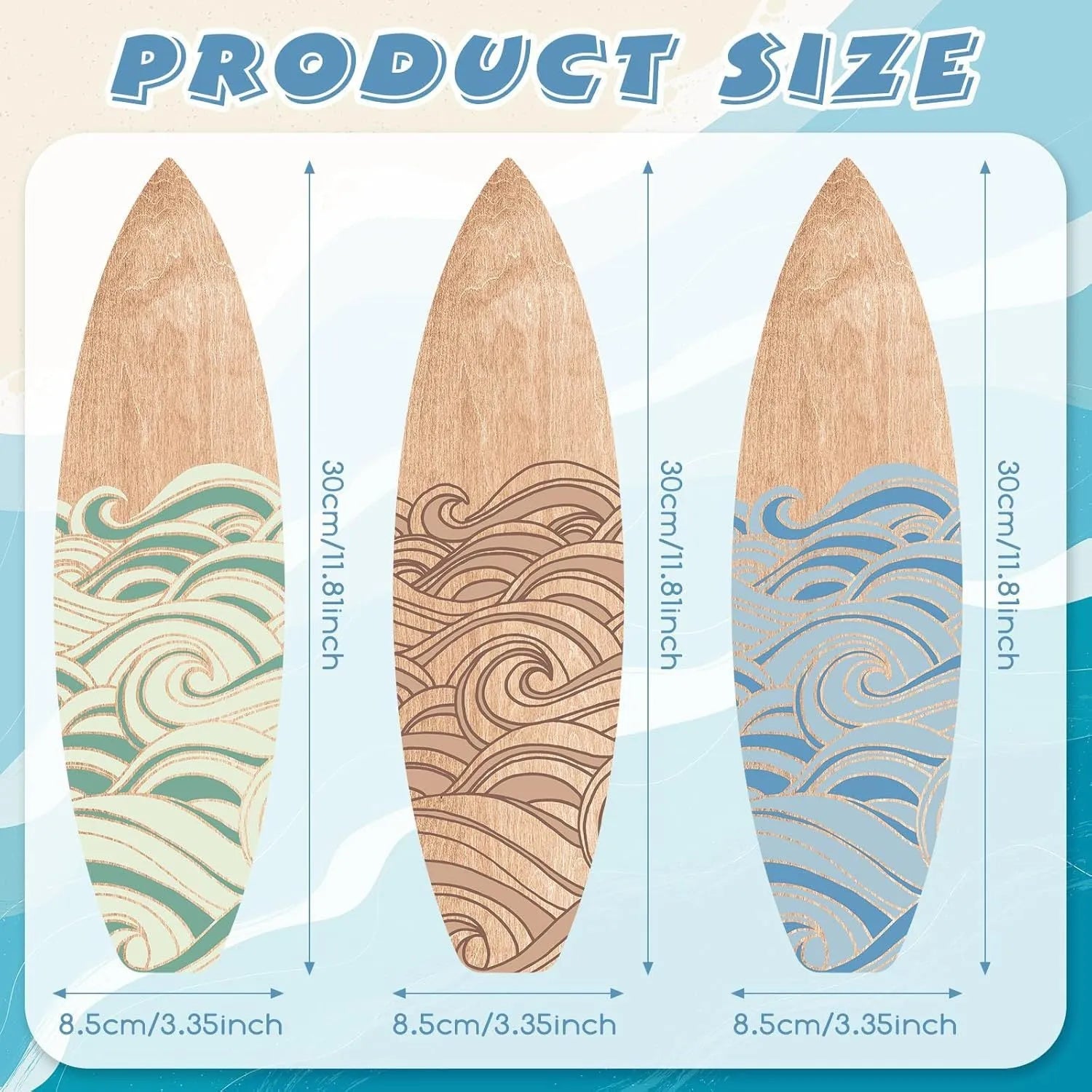 Three wooden surfboard wall decorations with boxwood construction displayed together