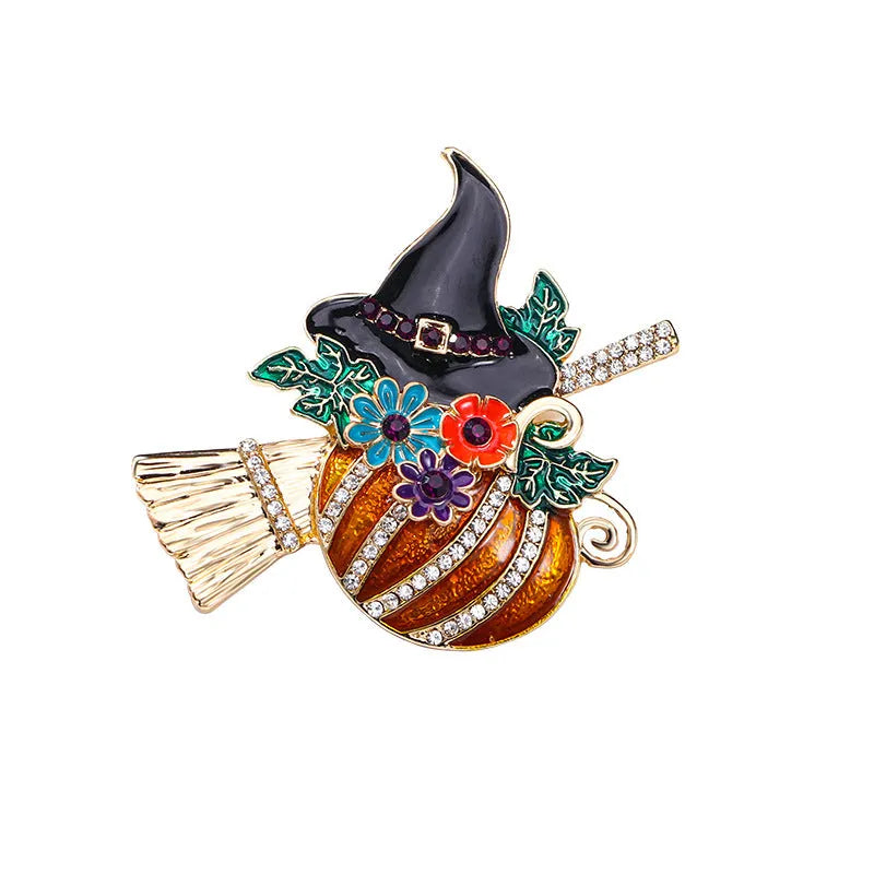 Halloween Pumpkin Witch Brooch in retro style with zinc alloy body, pumpkin and skull elements, unisex decoration pin.