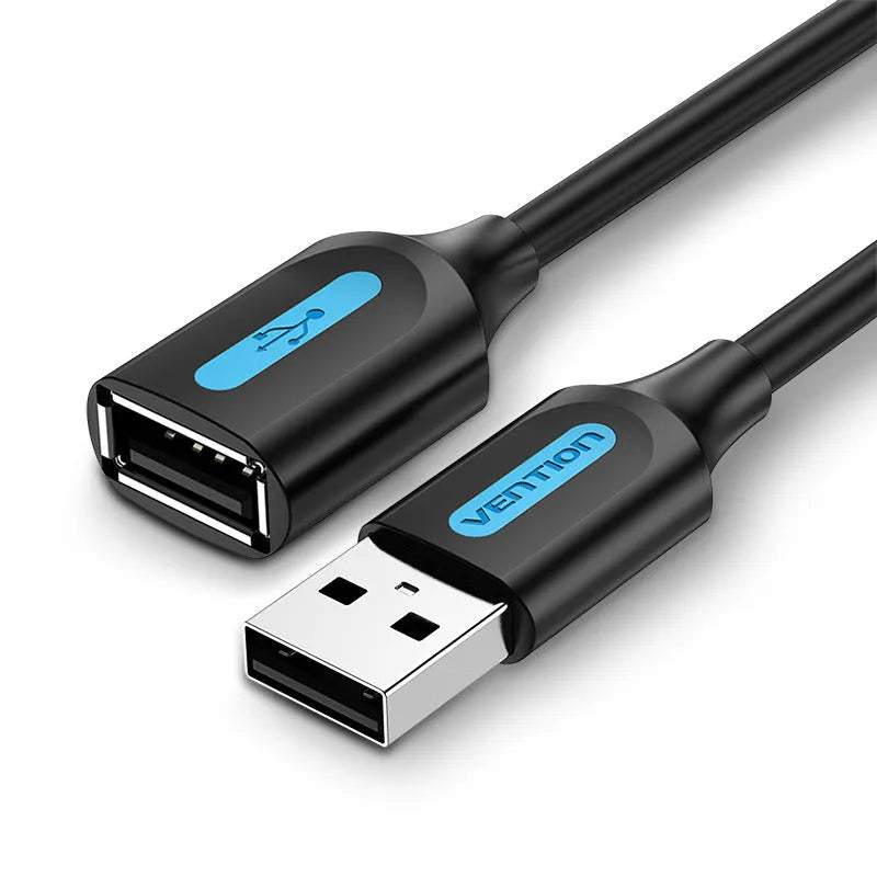 Black USB A Male to AM male extension cable with straight head connectors on a white background.