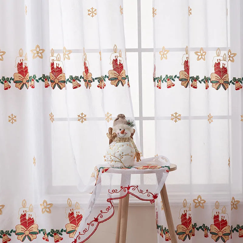 American Christmas curtain pair with embroidered snowflake design in semi-sunshade polyester fabric
