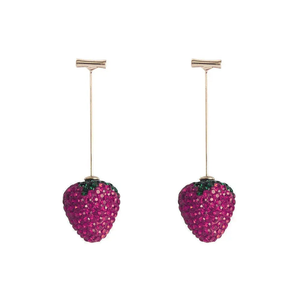 Red strawberry charm stud earrings with spot drill finish on zinc alloy.