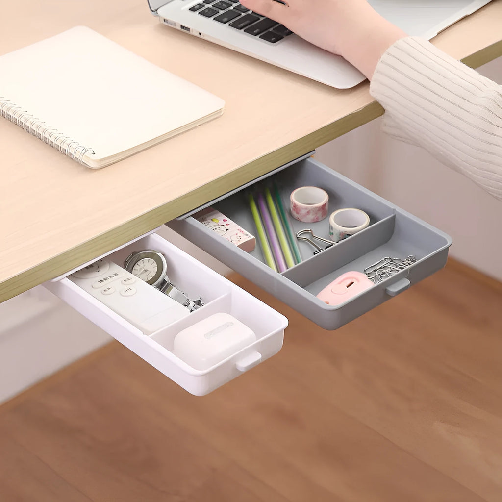 Plastic hidden storage box with drawer that sticks under tables in grey, orange, white or yellow