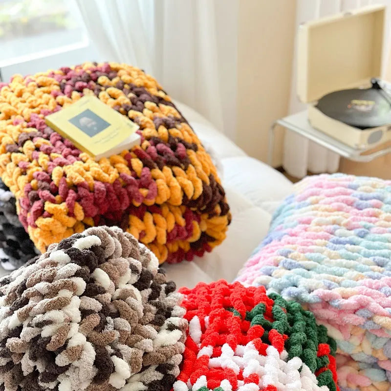 Chenille striped cover blanket with thick ice bar pattern in caramel mango colour