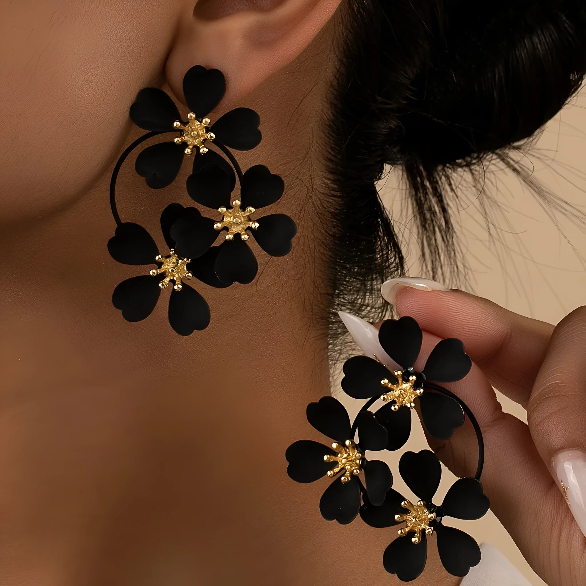 Retro flower-shaped earrings for women in black or white with iron construction.