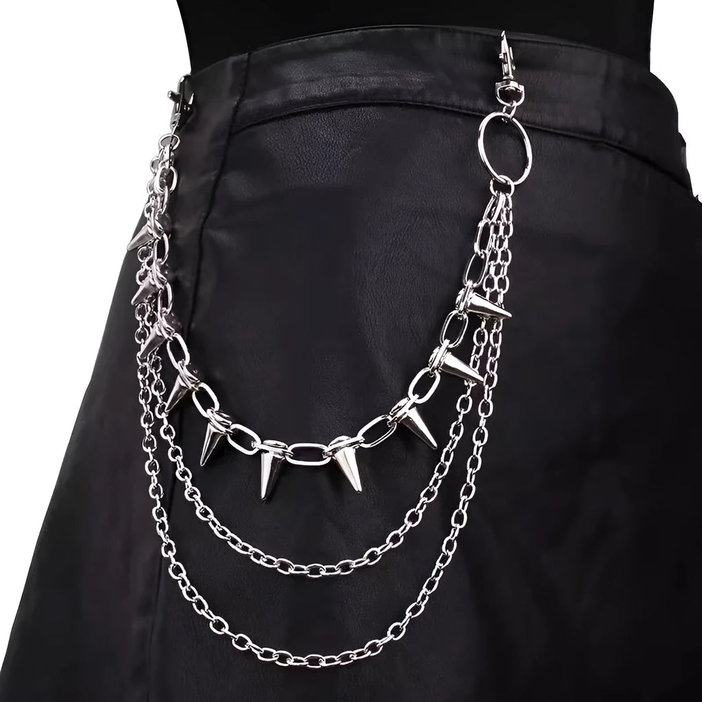 Silver double-layer metal pants chain with rivets and a zipper fastener, shown at full 115cm length.