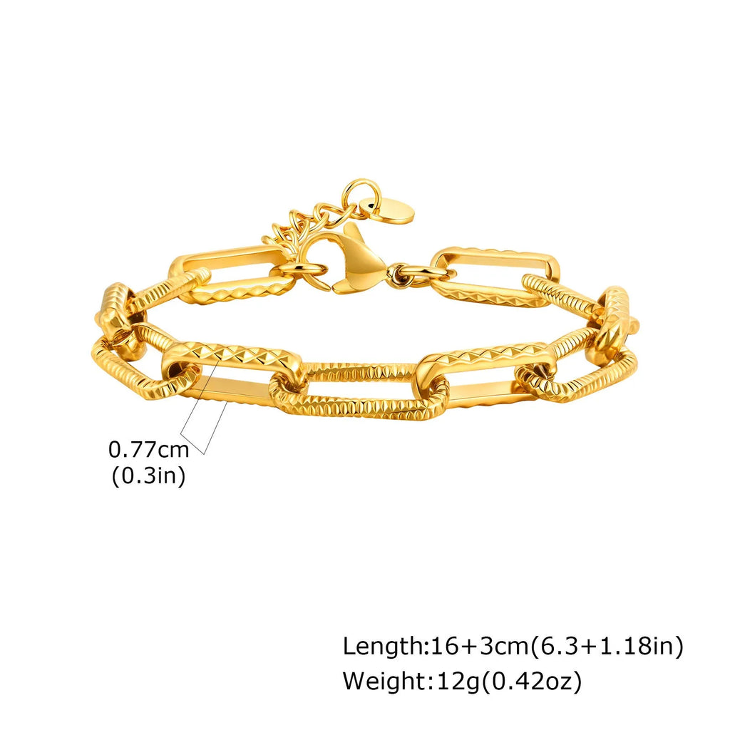 Gold electroplated titanium steel bracelet and necklace set with embossed rectangular geometric design for women