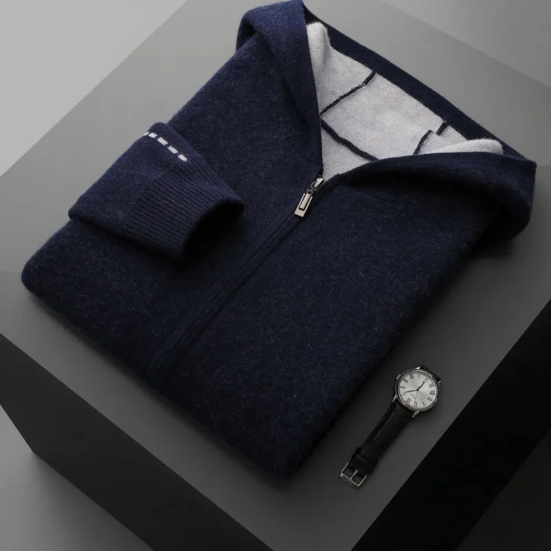 Dark blue men's loose-fit cashmere zip cardigan with a half-high collar, shown on a model.