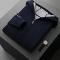 Dark blue men's loose-fit cashmere zip cardigan with a half-high collar, shown on a model.