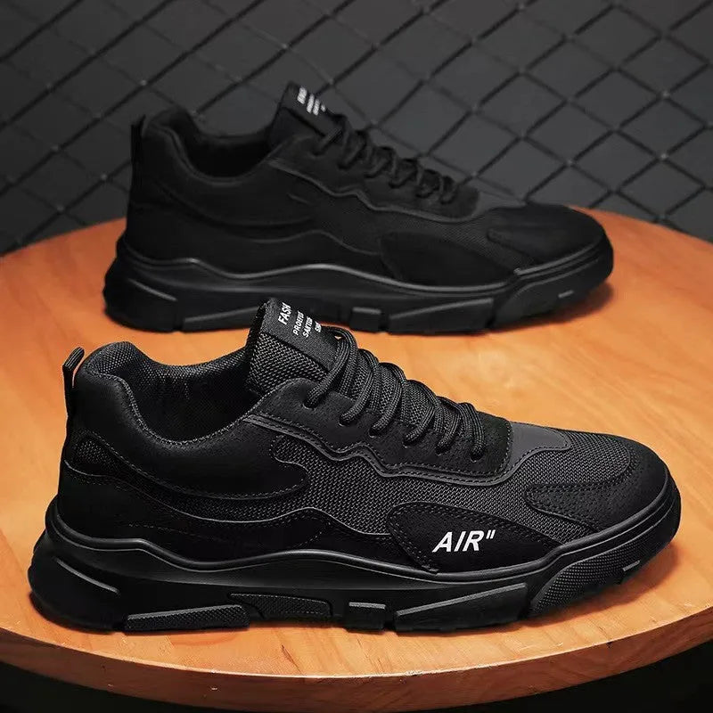 Simple men's black mesh fabric board shoes with lace-up closure for casual daily sports