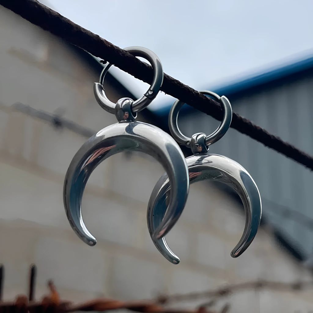 Silver geometric big hoop earrings with moon motif and punk gothic style