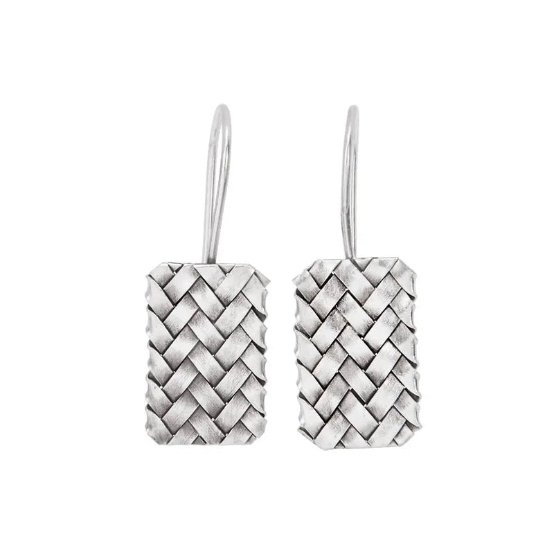Silver geometric earrings with woven diamond plaid pattern, 17.5mm x 11mm dimensions