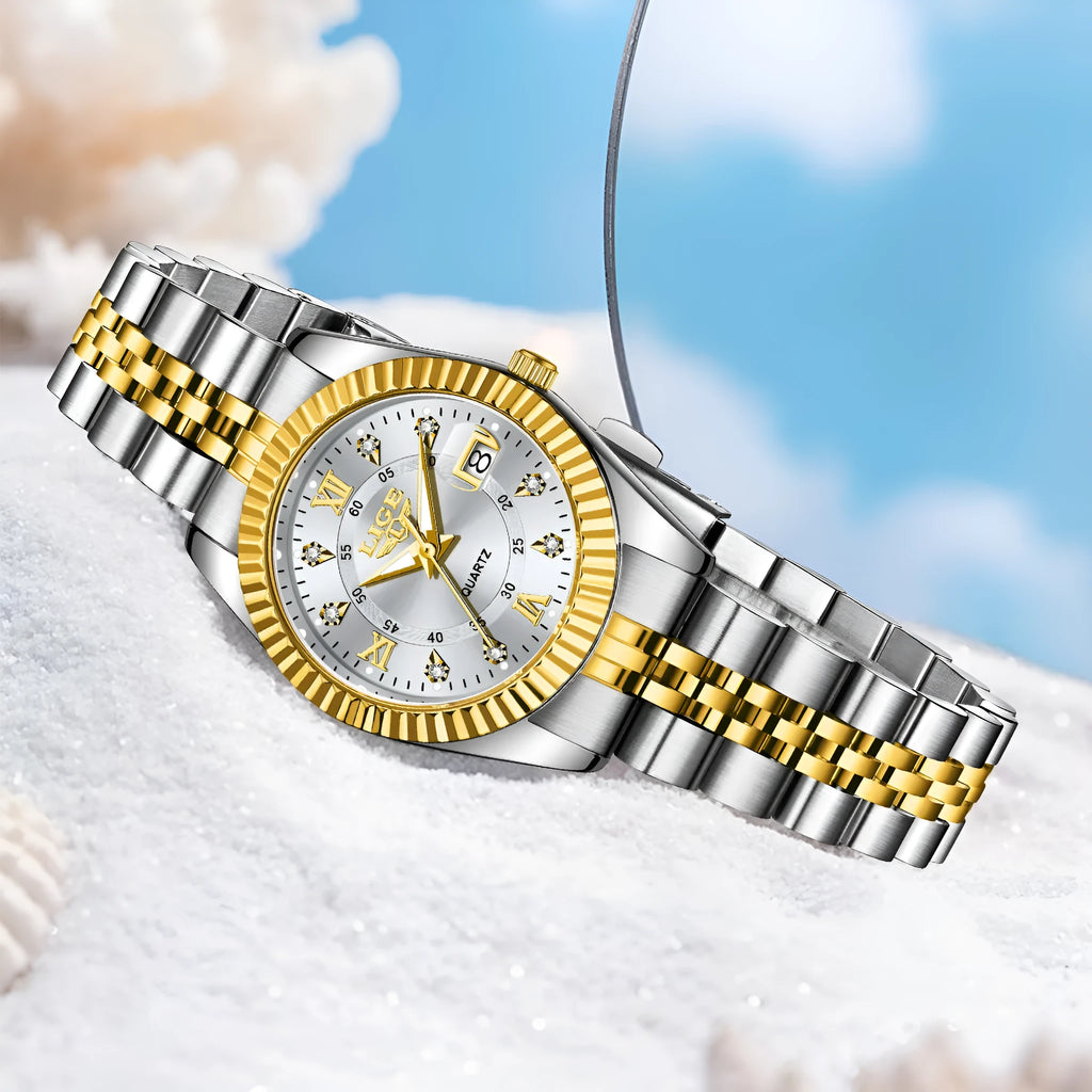 Ladies waterproof quartz watch with gold and silver colour options showing 10mm thickness profile