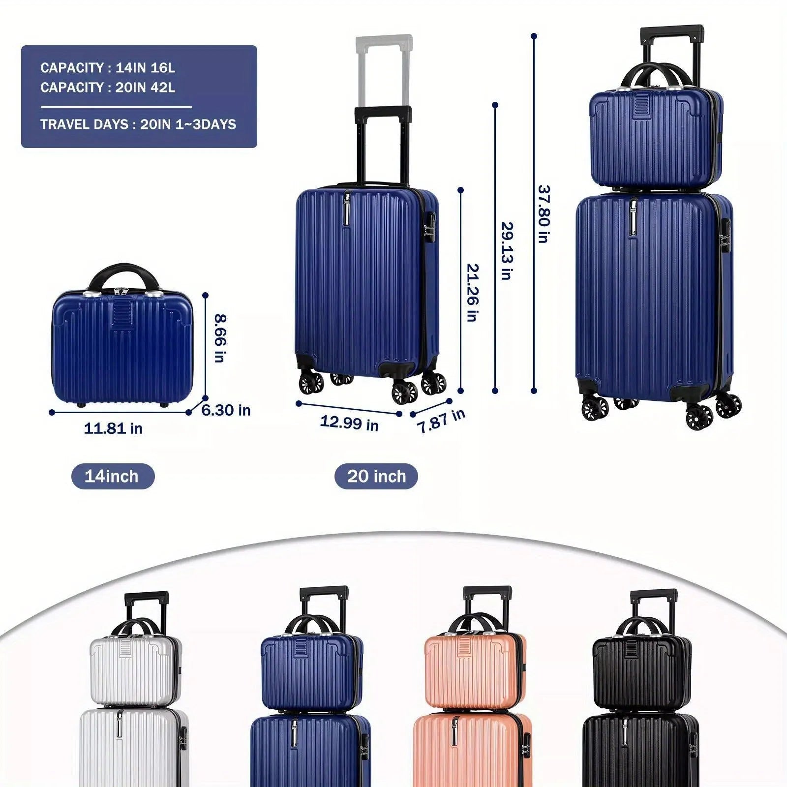 A set of two aluminium alloy travel trunks in towel colour, showing 14 inch and 20 inch sizes.