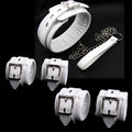 White PU sponge bondage set showing soft handcuffs, ankle cuffs, and a neck scarf laid out.