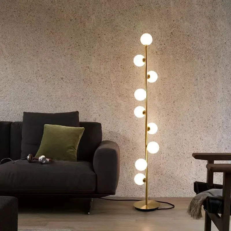Modern Nordic-style floor lamp with wrought iron and glass construction, standing 154cm tall.