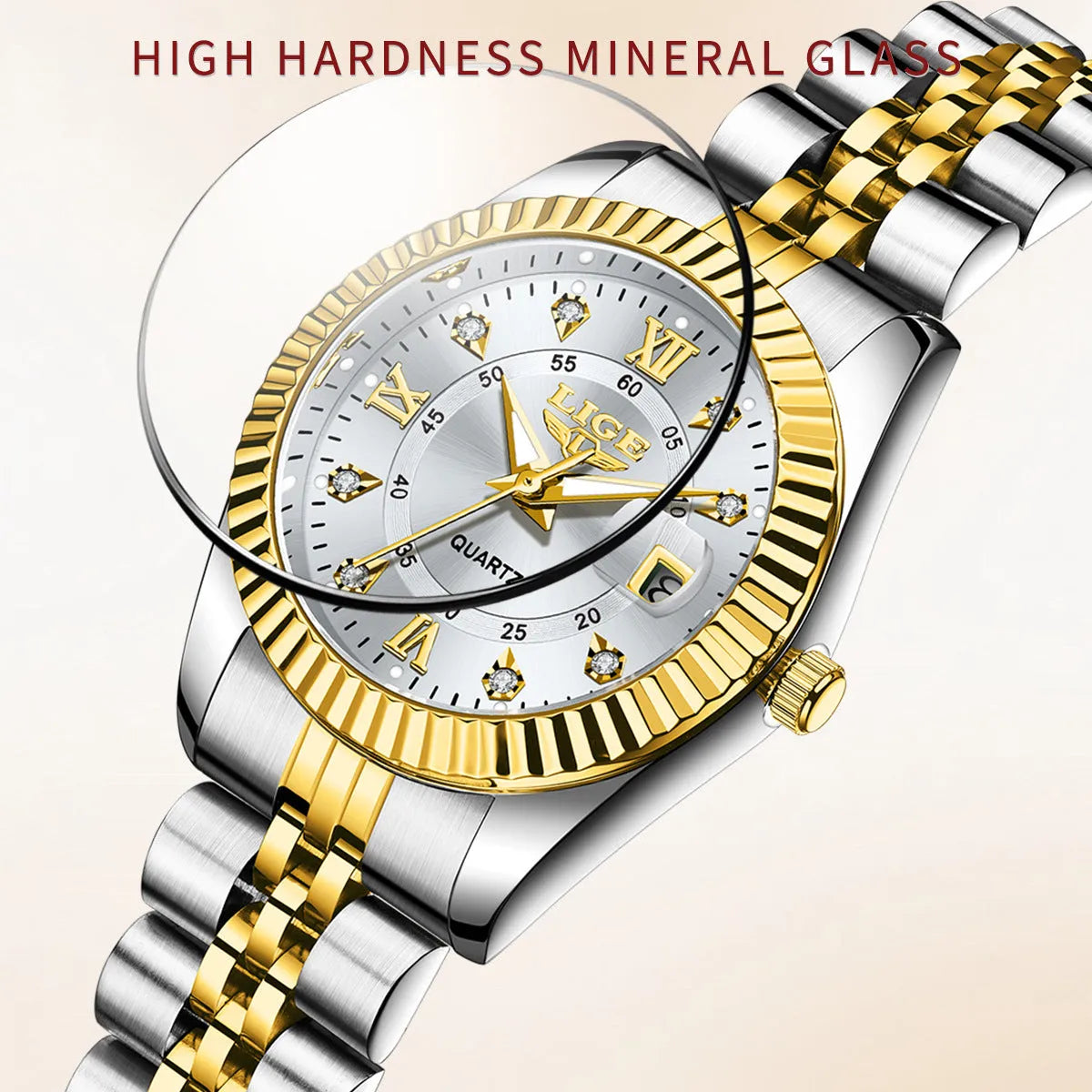 Ladies waterproof quartz watch with gold and silver colour options showing 10mm thickness profile