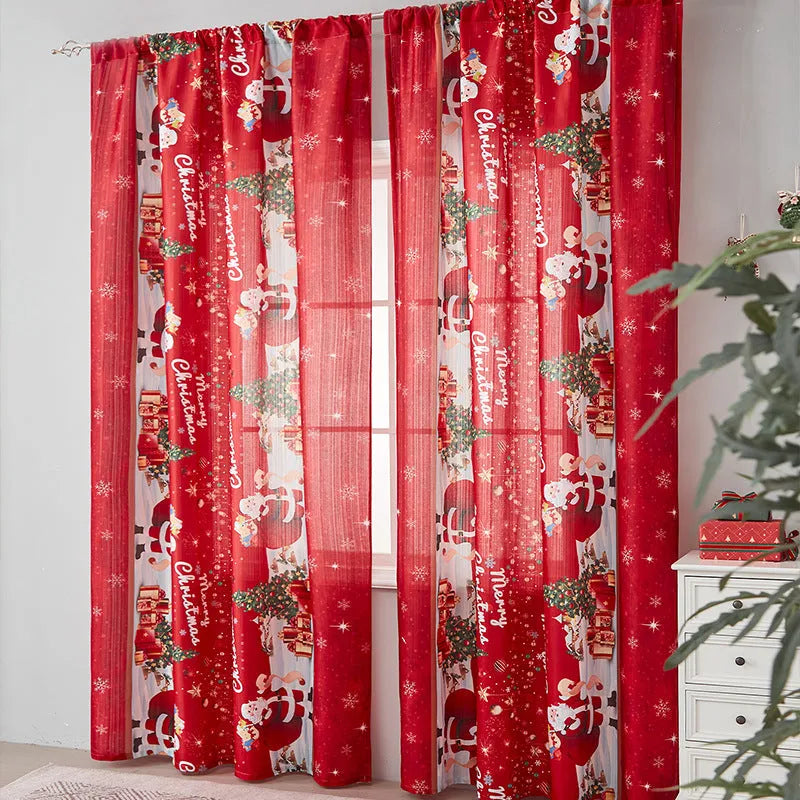 American-style rectangular polyester curtain with Christmas printed designs in red and blue colour options