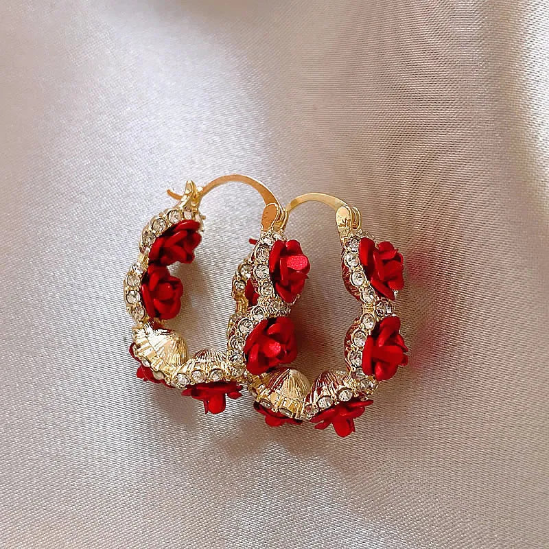 Red alloy flower clip earrings with rose design for women