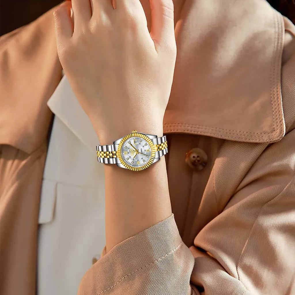 Ladies waterproof quartz watch with gold and silver colour options showing 10mm thickness profile