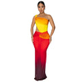 A woman's sleeveless cross-shoulder dress with a gradient colour long skirt.
