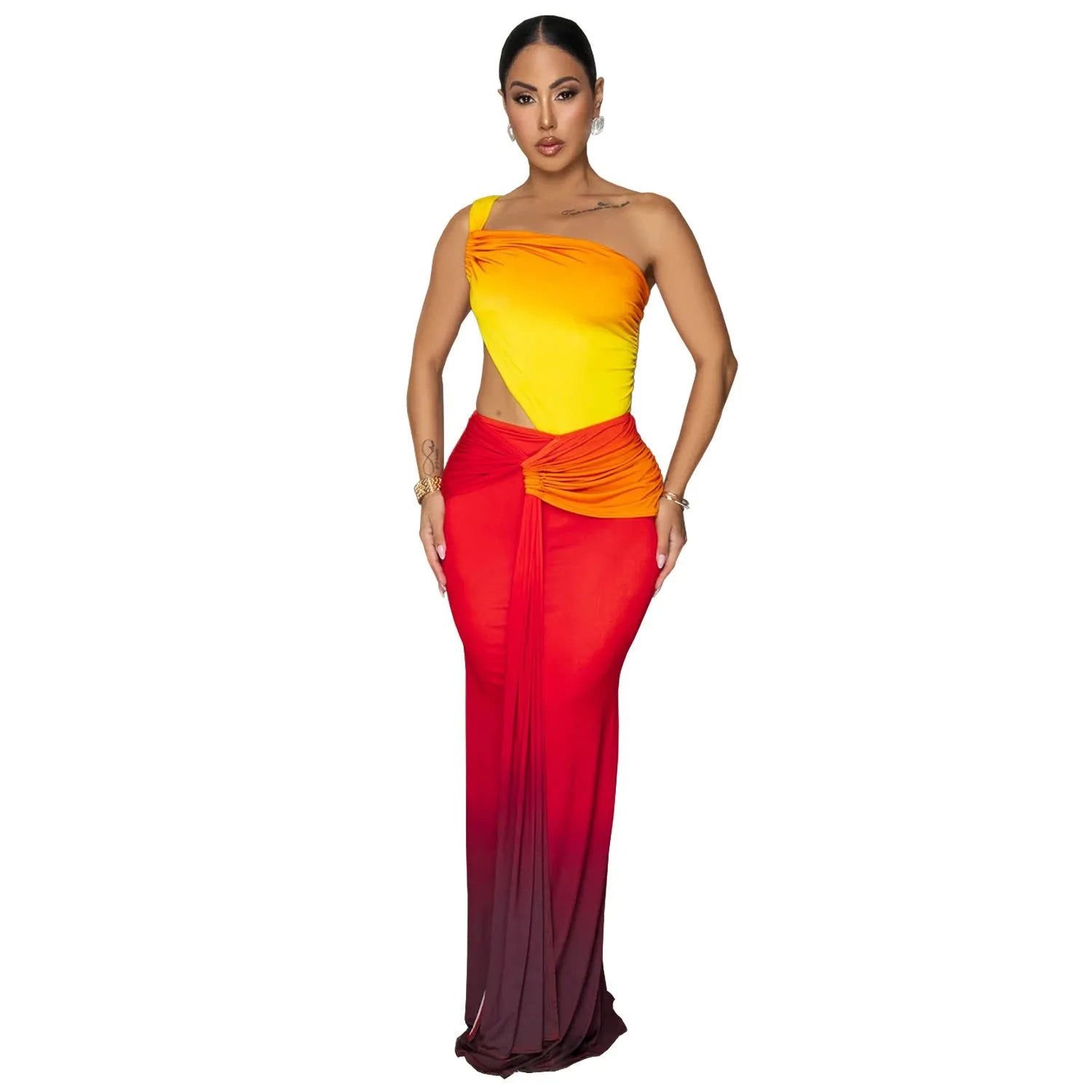 A woman's sleeveless cross-shoulder dress with a gradient colour long skirt.