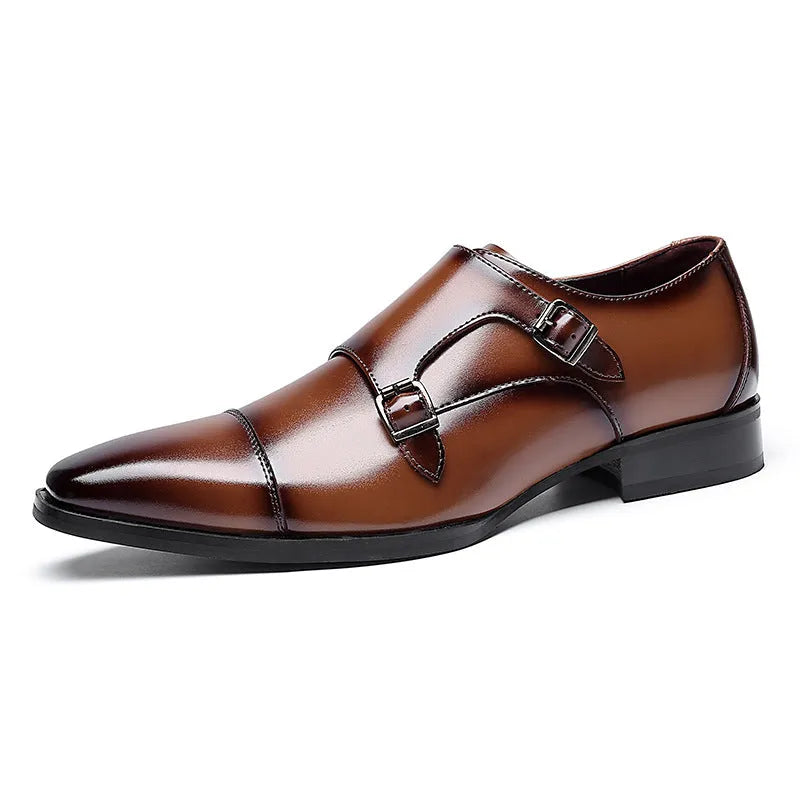 Men's black and light brown square-toe leather business casual shoes with low-top profile