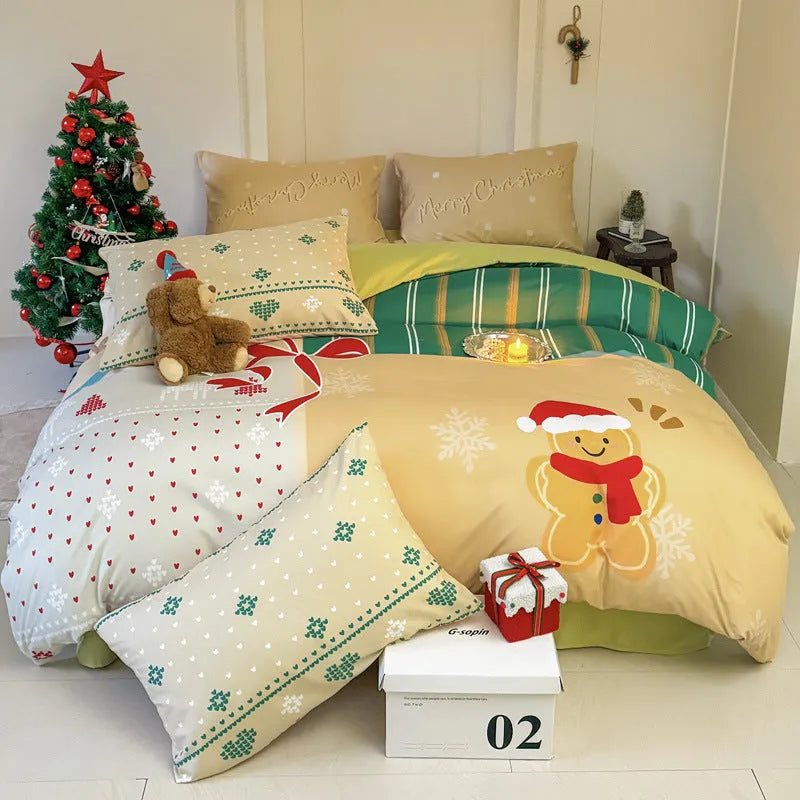 Cartoon printed Christmas bedding four-piece set including sheet, duvet cover and pillowcases.