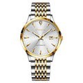 Men's stainless steel automatic mechanical watch with simple white dial on wrist.