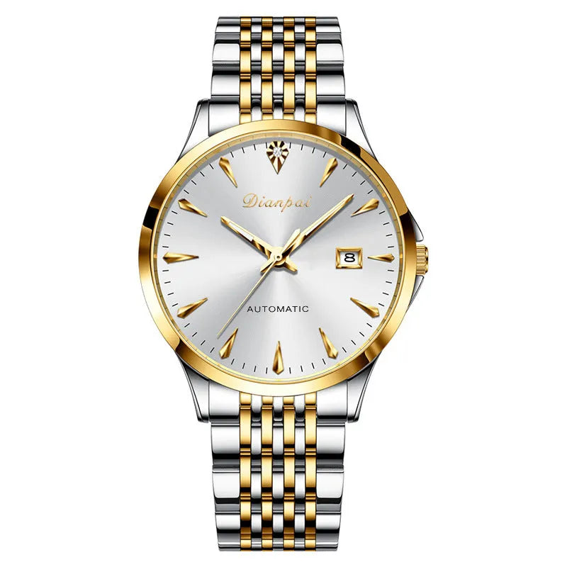 Men's stainless steel automatic mechanical watch with simple white dial on wrist.