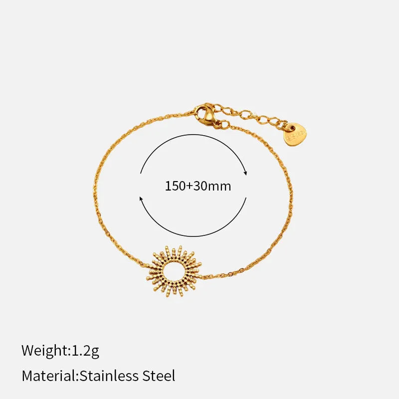 Gold-colour sunflower series necklace and bracelet set with geometric chain on a white background.
