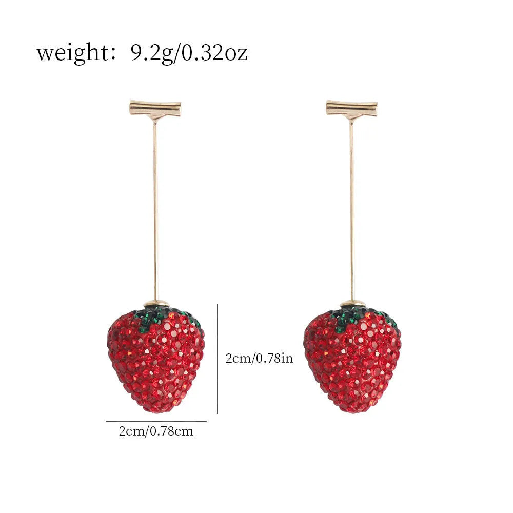 Red strawberry charm stud earrings with spot drill finish on zinc alloy.