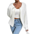 Women's white V-neck cardigan with bead detailing and medium thickness polyester fabric