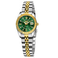 Ladies waterproof quartz watch with gold and silver colour options showing 10mm thickness profile