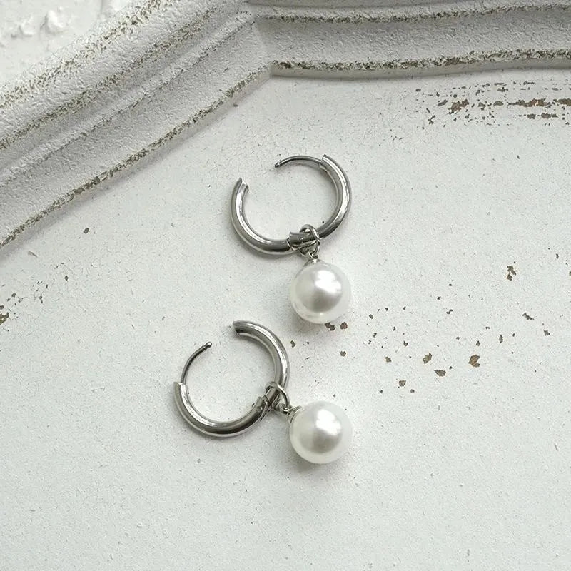 Women's geometric alloy drop earrings with round pearl centre and titanium steel posts in hip hop style