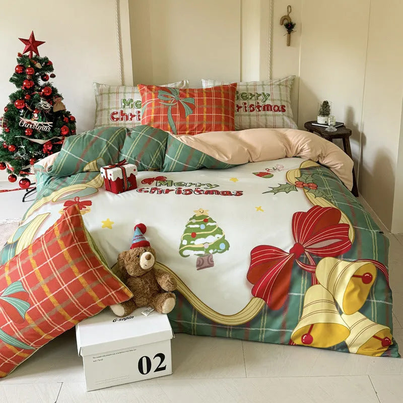 Cartoon printed Christmas bedding four-piece set including sheet, duvet cover and pillowcases.