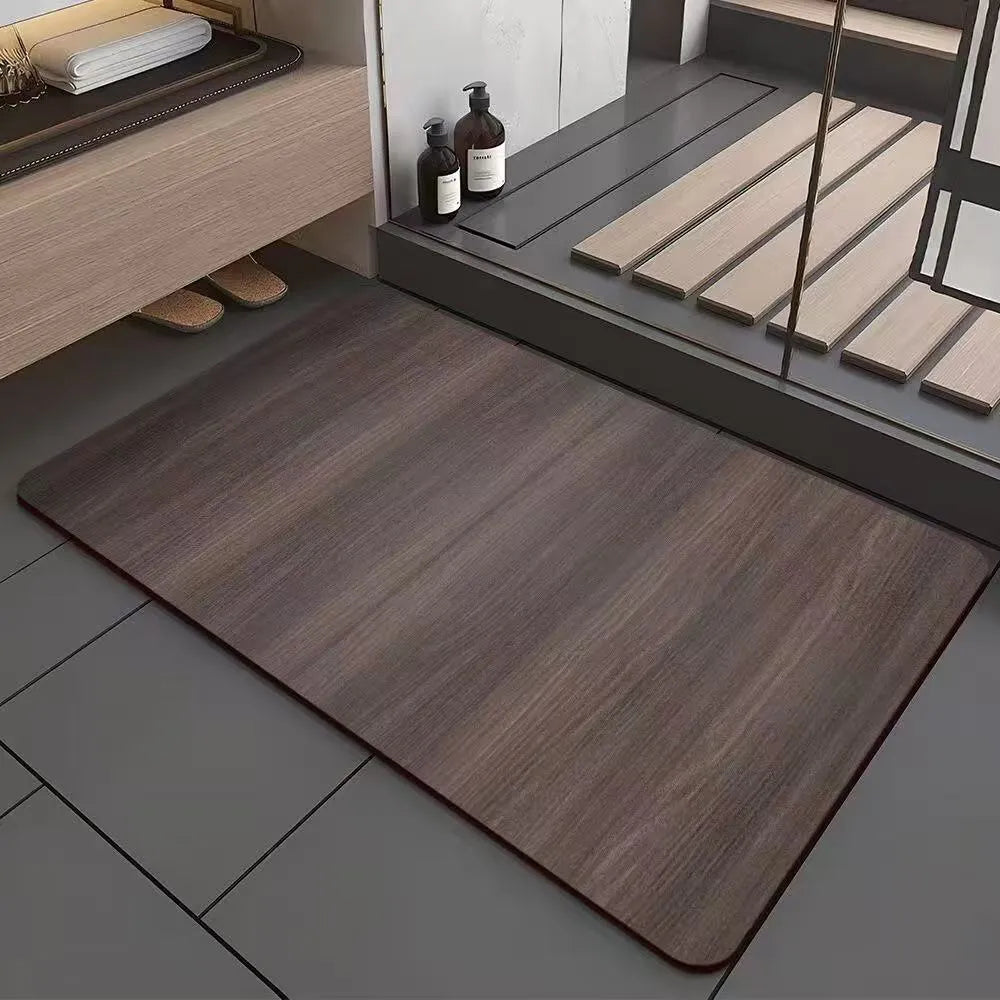 Square American style bathroom floor mat with wood grain geometric pattern in diatom ooze material.