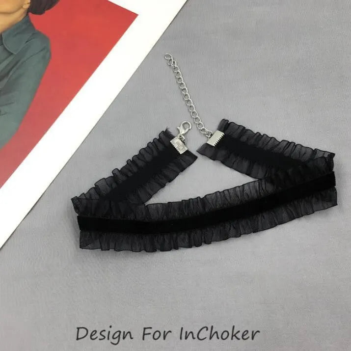 Velvet ruffled clavicle necklace with floral alloy pendant on snake bone chain in black, light coffee, or white.
